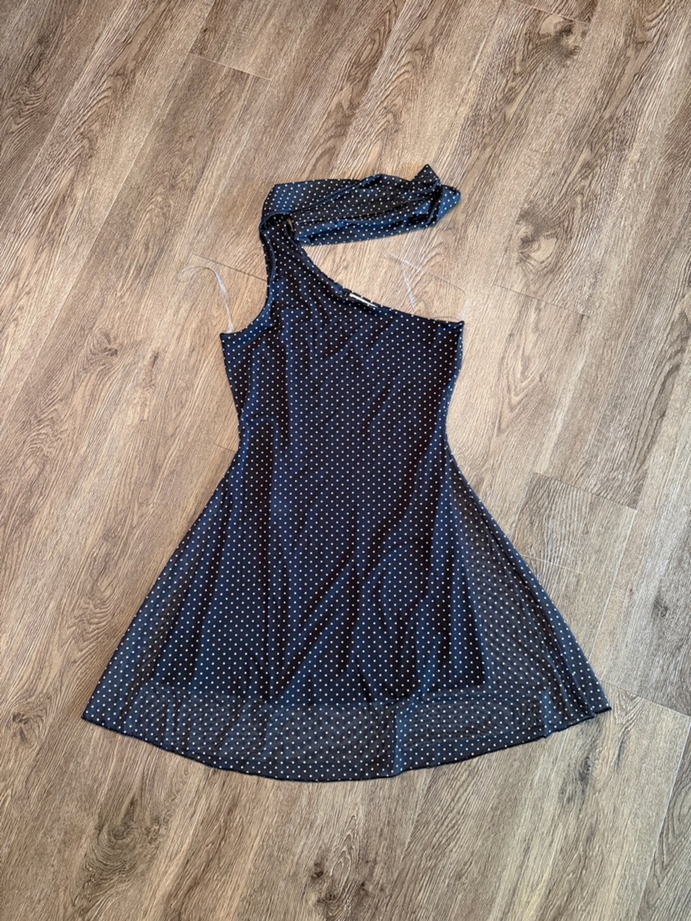 See You Monday Black One-Shoulder Polka Dot Dress with built in neck scarf